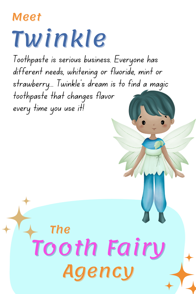 Illustration of a fairy named Twinkle with blue hair and wings, standing next to text about toothpaste and Twinkle's dream of magic toothpaste. Perfect for parenting support or tooth fairy printables. The title reads The Tooth Fairy Agency in colorful letters.