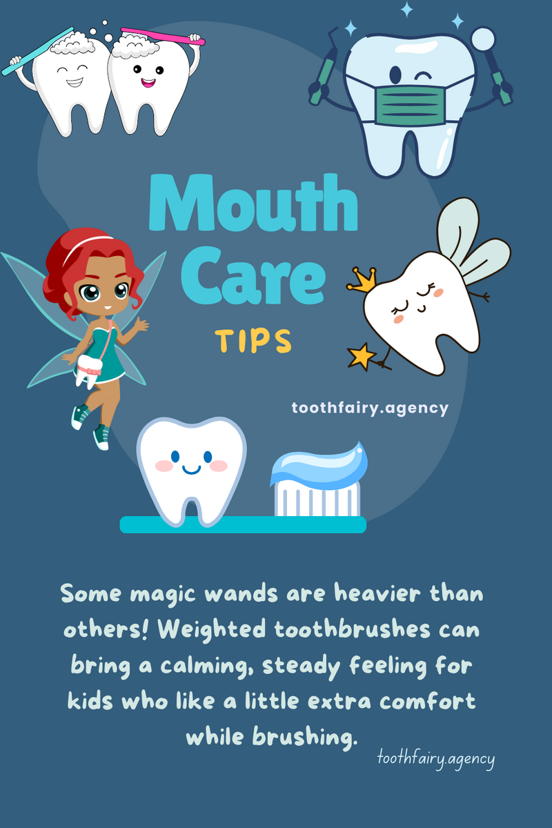 Illustrated image with smiling cartoon teeth, a toothbrush, a fairy, and a tooth dressed as a doctor. Text in the center reads: Mouth Care TIPS and toothfairy.agency. Playful, colorful design for #ToothFairyTrivia fun!.