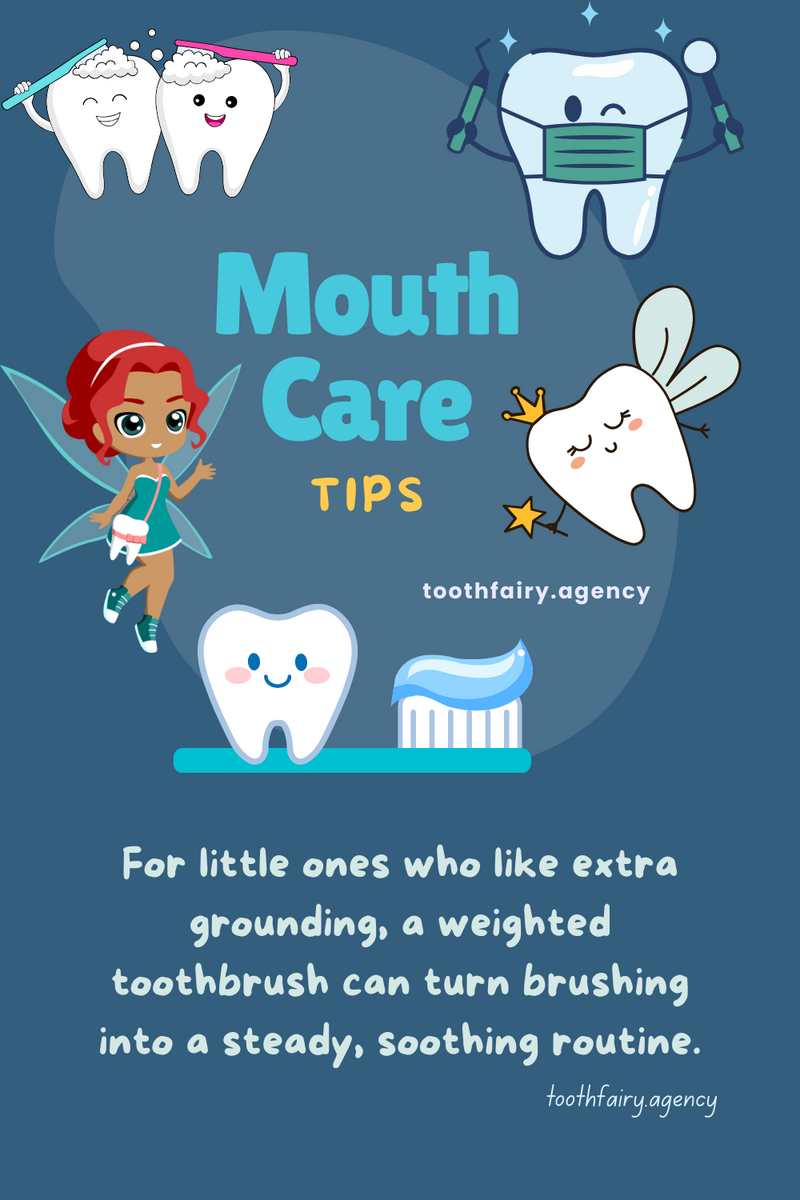 Illustrated image with smiling cartoon teeth, a toothbrush, a fairy, and a tooth dressed as a doctor. Text in the center reads: Mouth Care TIPS and toothfairy.agency. Playful, colorful design for #ToothFairyTrivia fun!.