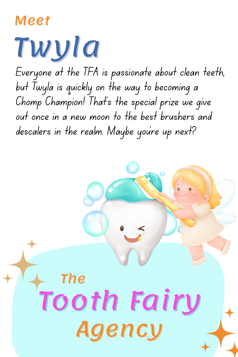 Illustration of a smiling tooth being cleaned by a small, winged fairy with blonde hair. Text introduces Twyla from the Tooth Fairy Agency, offering support to celebrate clean teeth and great parenting around brushing habits.