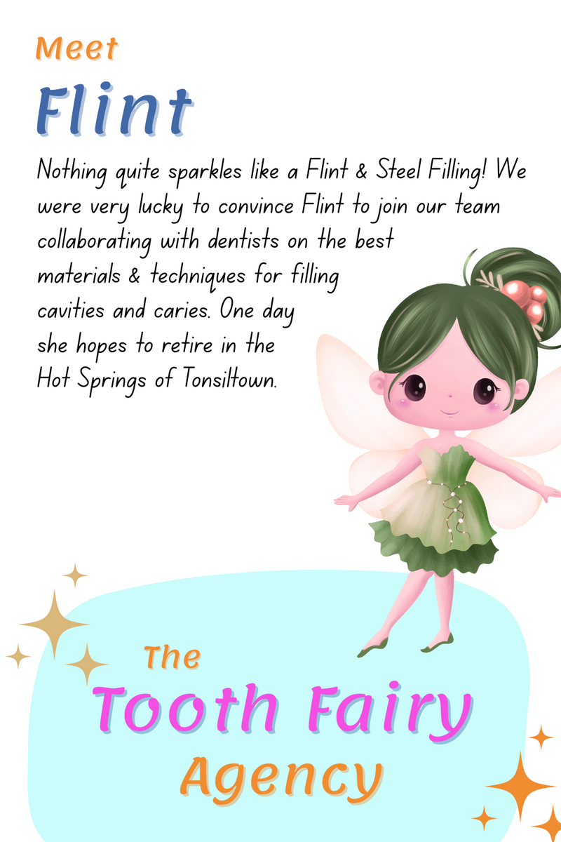 Illustration of a cute, green-haired fairy in a green dress with wings. The text introduces Flint from the Tooth Fairy Agency, highlighting her expertise in dental fillings and how she supports children on their dental journeys. Perfect for parenting printables.