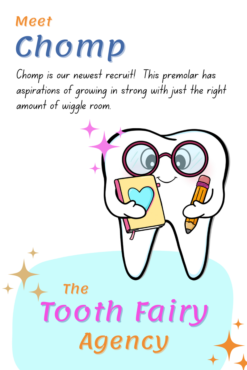 A cartoon tooth with glasses, holding a pencil and notebook, stands smiling. Meet Chomp, the newest recruit of The Tooth Fairy Agency! Perfect for parenting tips or fun tooth fairy printables—surrounded by decorative colorful stars.