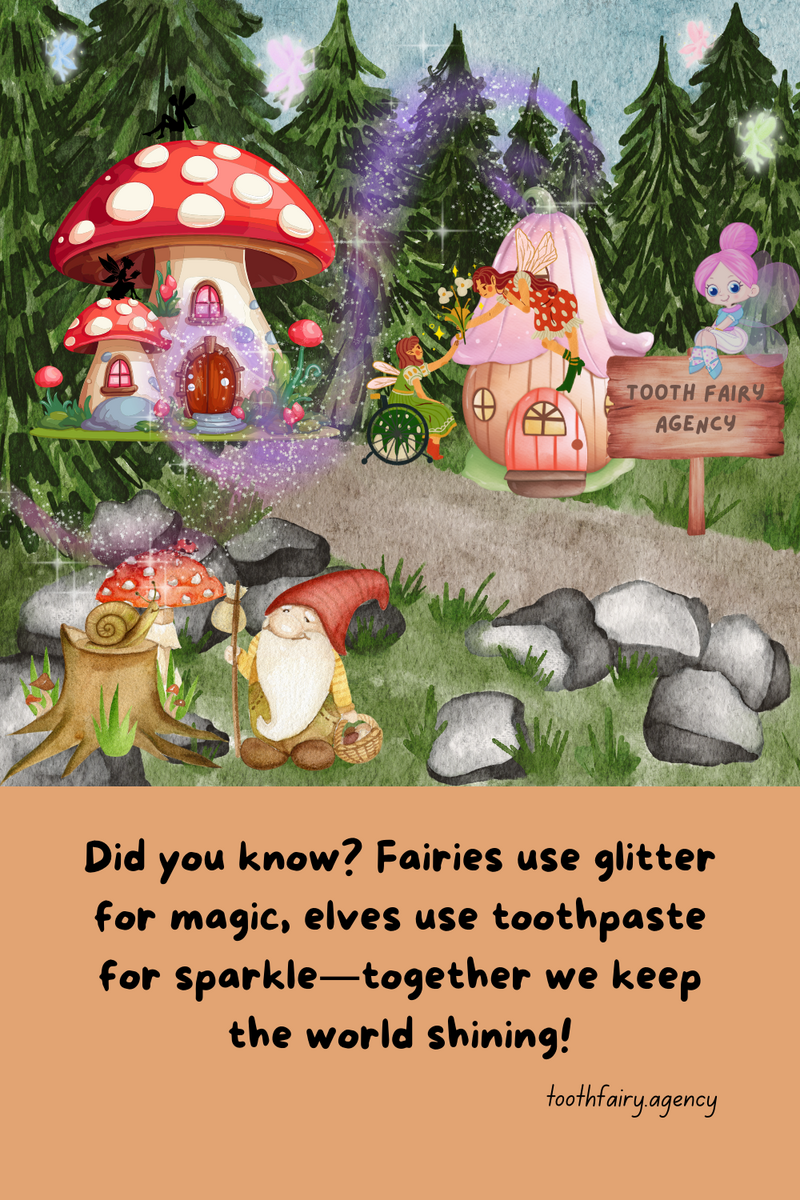 A whimsical forest scene with fairies flying near mushroom houses, a gnome sitting with a lantern, and a sign reading Tooth Fairy Agency. Sparkles float in the air amidst pine trees, capturing #LittleBigMoments and colorful fantasy elements.