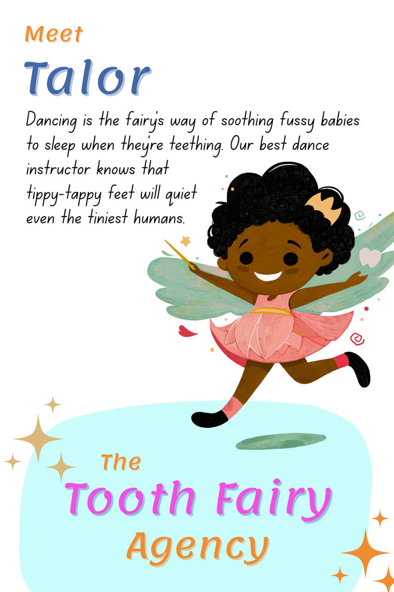 Illustration of a smiling fairy named Talor with brown skin, curly hair, green wings, and a pink tutu, dancing joyfully. Perfect for parenting printables about the Tooth Fairy Agency and Talor's skill in soothing babies by dancing.