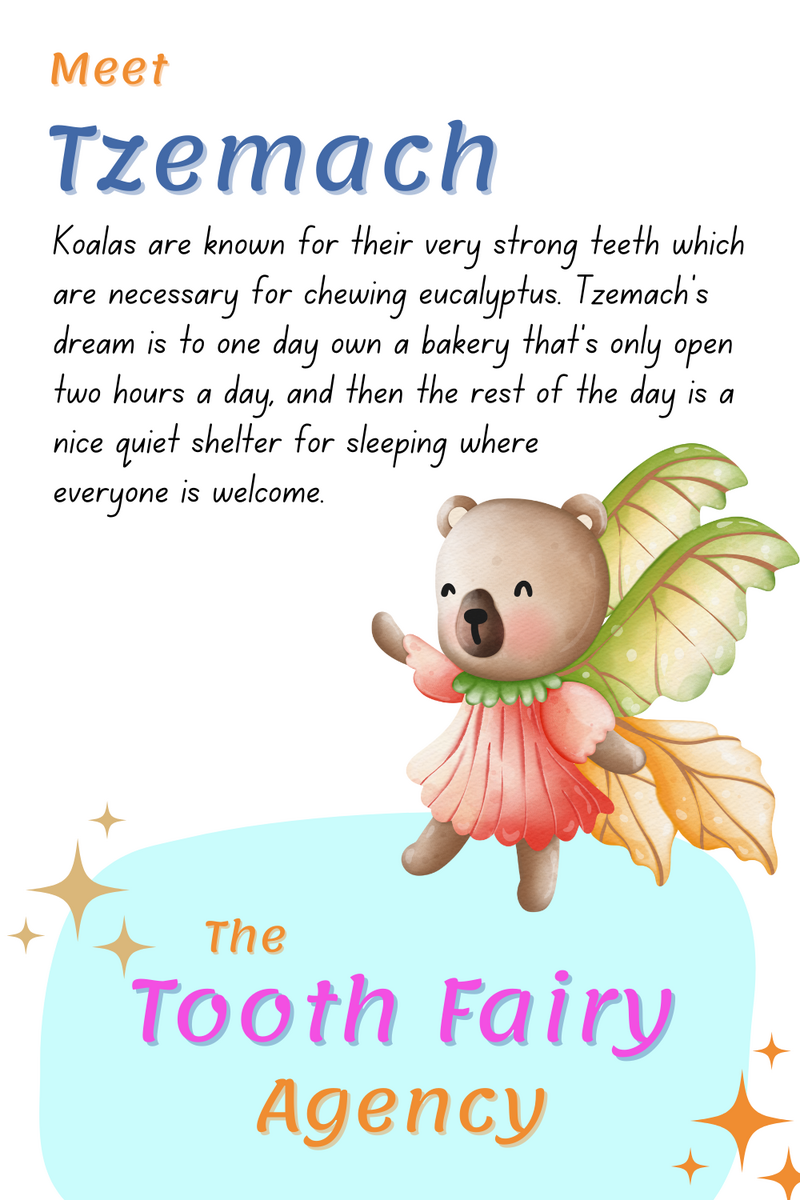 A cute, cartoon koala with fairy wings wears a flower dress and waves. Text introduces Tzemach, a koala interested in bakeries, sleep, and tooth fairy adventures. Perfect for parenting printables! Below is The Tooth Fairy Agency logo with star accents.