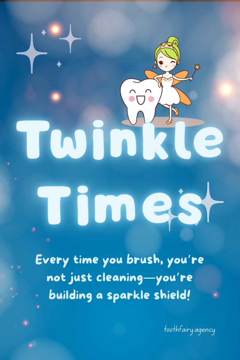 A smiling tooth stands next to a fairy holding a wand, with blue sparkling background. Large text reads Twinkle Times. Below, smaller text encourages brushing for a #FairyTaleMoments, fairy-approved smile.