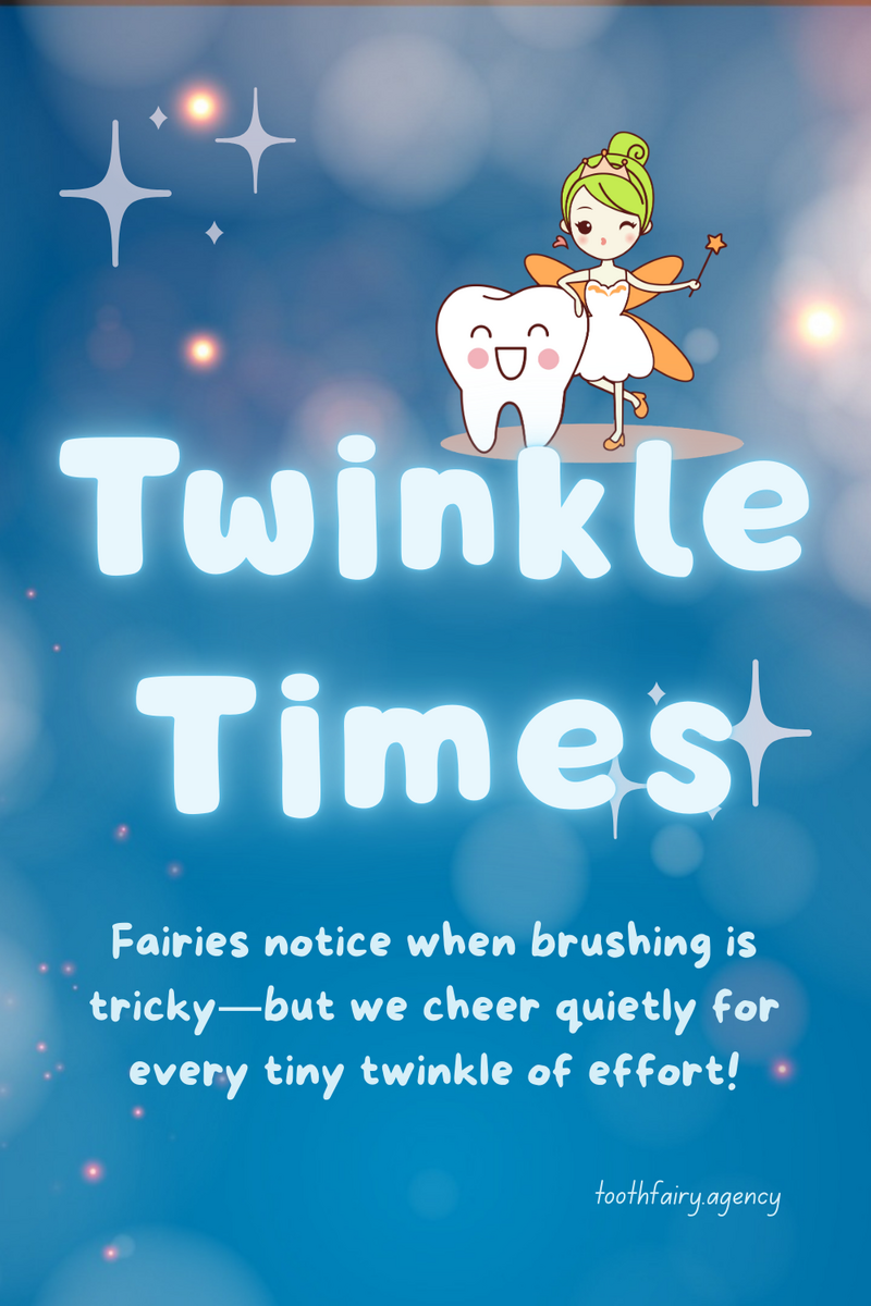 A smiling tooth stands next to a fairy holding a wand, with blue sparkling background. Large text reads Twinkle Times. Below, smaller text encourages brushing for a #FairyTaleMoments, fairy-approved smile.