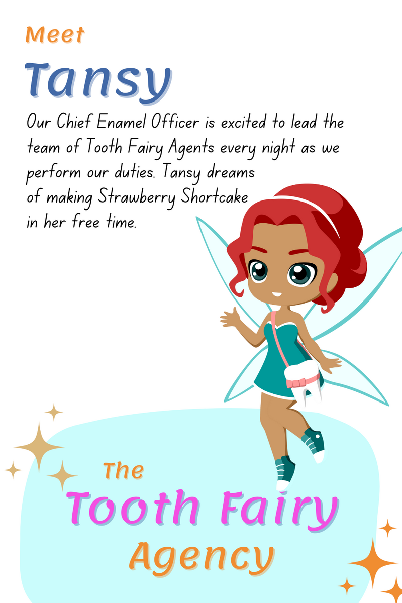 Illustration of Tansy, a red-haired cartoon fairy in a teal dress with wings, holding a strawberry shortcake. Text introduces Tansy as Chief Enamel Officer of the Tooth Fairy Agency—perfect for parenting printables and fun support materials.