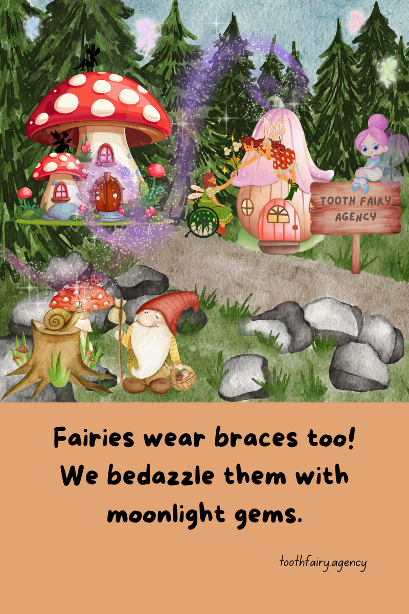 A whimsical forest scene with fairies flying near mushroom houses, a gnome sitting with a lantern, and a sign reading Tooth Fairy Agency. Sparkles float in the air amidst pine trees, capturing #LittleBigMoments and colorful fantasy elements.