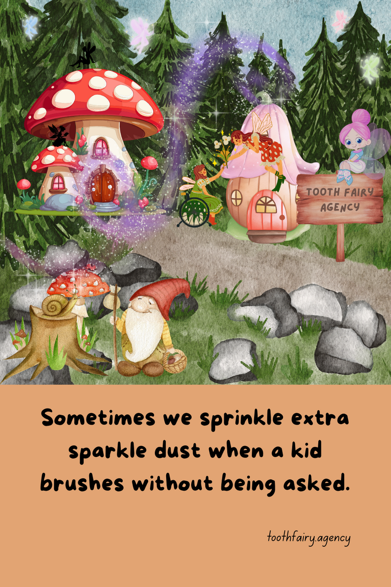 A whimsical forest scene with fairies flying near mushroom houses, a gnome sitting with a lantern, and a sign reading Tooth Fairy Agency. Sparkles float in the air amidst pine trees, capturing #LittleBigMoments and colorful fantasy elements.