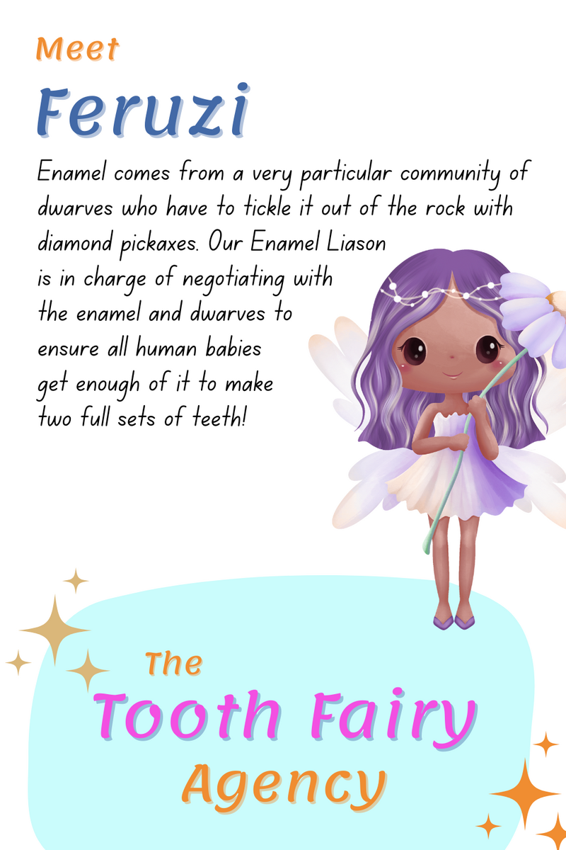 Illustration of a purple-haired fairy named Feruzi holding a wand, introducing her as the tooth fairy liaison for the Tooth Fairy Agency, helping babies get enough enamel for their teeth—a fun printable for parenting moments.