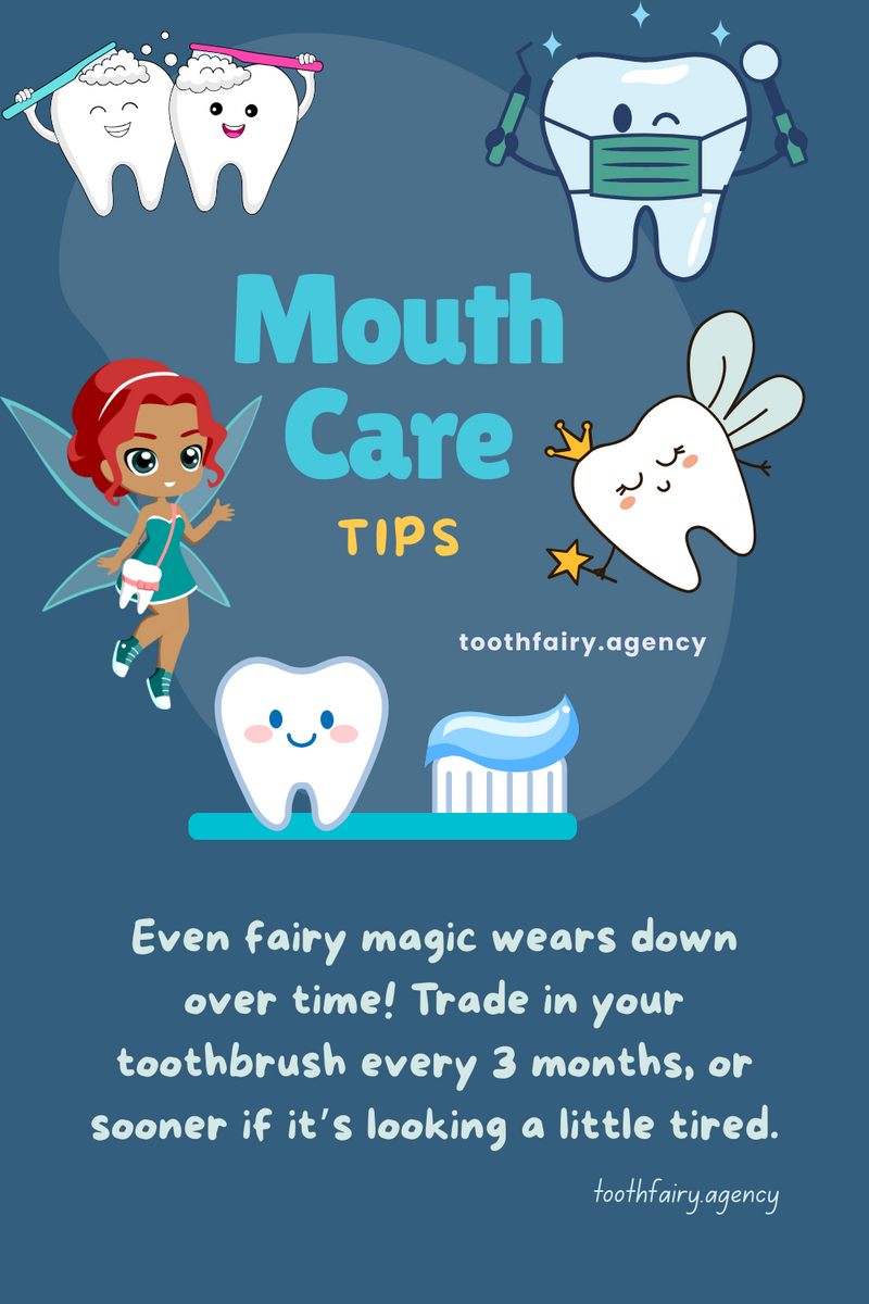 Illustrated image with smiling cartoon teeth, a toothbrush, a fairy, and a tooth dressed as a doctor. Text in the center reads: Mouth Care TIPS and toothfairy.agency. Playful, colorful design for #ToothFairyTrivia fun!.