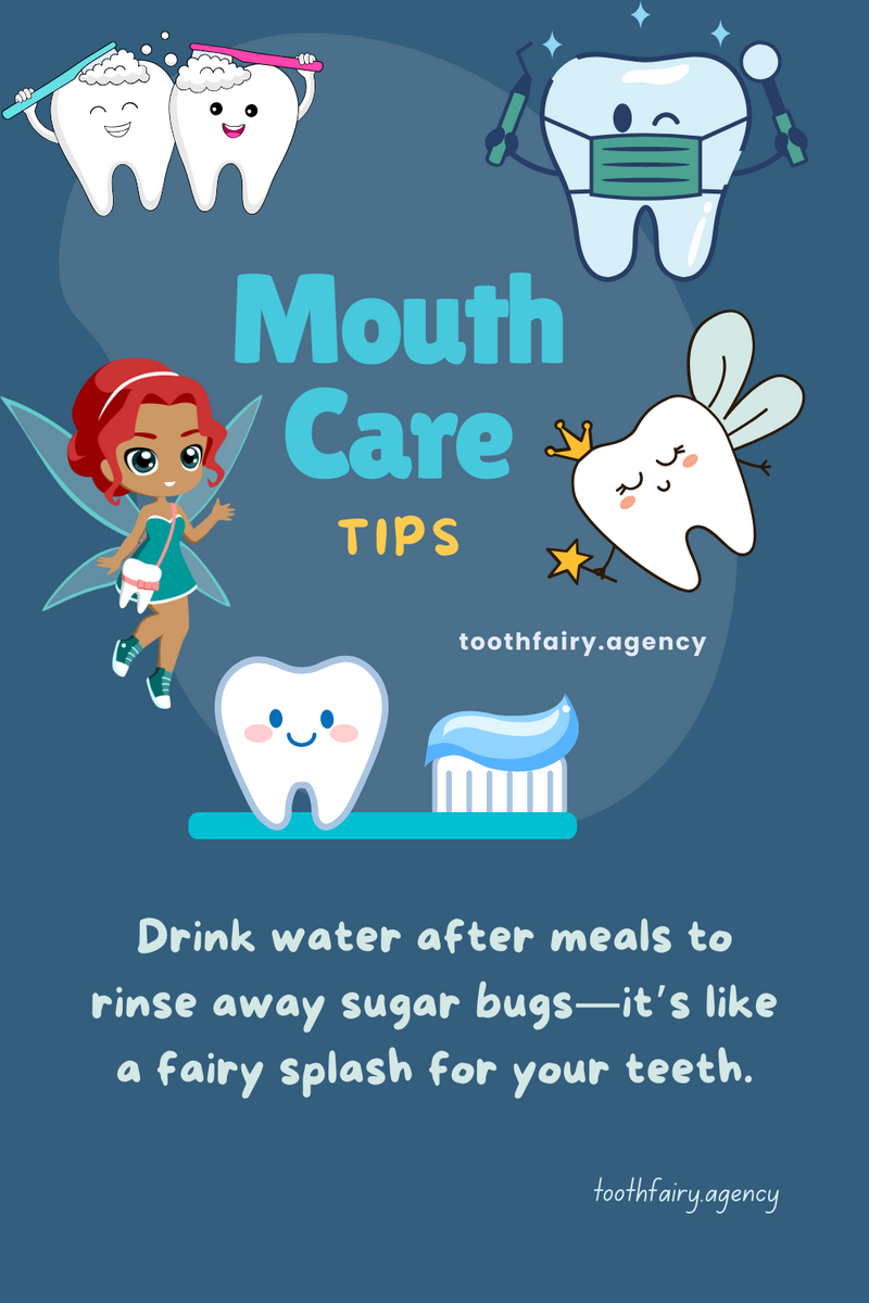 Illustrated image with smiling cartoon teeth, a toothbrush, a fairy, and a tooth dressed as a doctor. Text in the center reads: Mouth Care TIPS and toothfairy.agency. Playful, colorful design for #ToothFairyTrivia fun!.