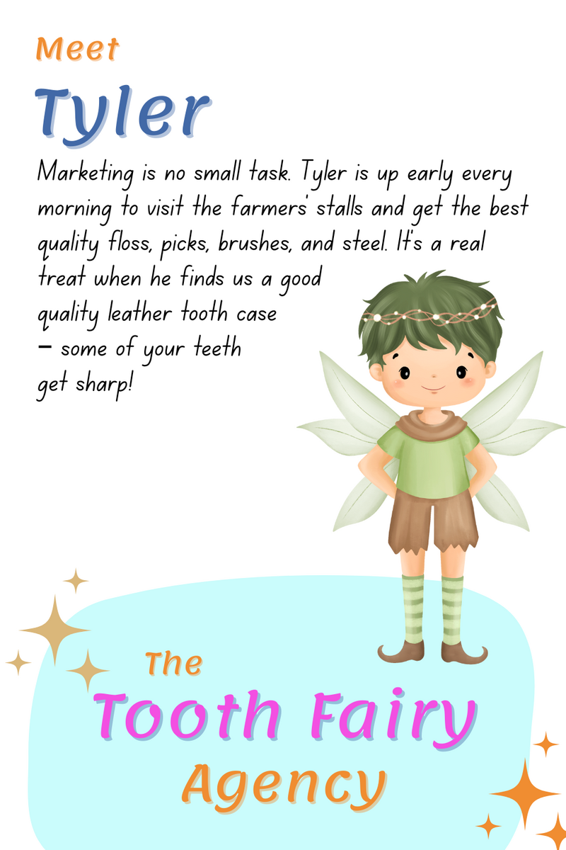 Illustration of Tyler, a fairy with green hair and wings, wearing a brown shirt and green shorts. As a marketer for the Tooth Fairy Agency, Tyler supports parents with dental tips and fun printables for kids.