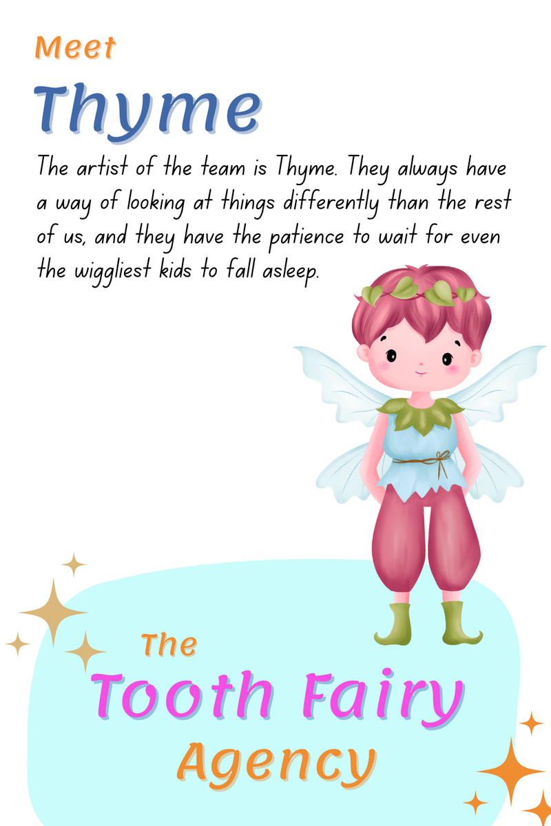 Illustration of a fairy named Thyme with pink hair, leafy headband, blue wings, and pink pants. Part of the Tooth Fairy Agency team, Thyme inspires creativity and patience—perfect for parenting tips or magical printables. Playful design with sparkles.